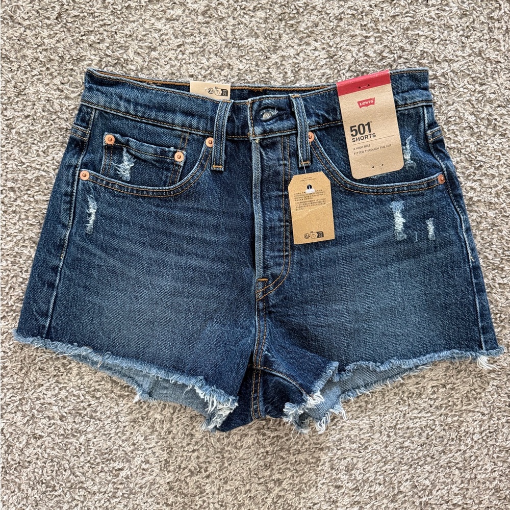 Levi's Dark Blue Distressed High-Rise Denim Shorts